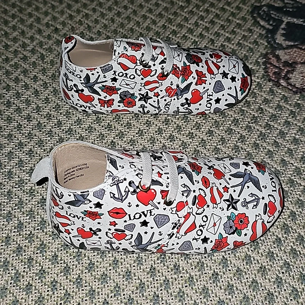 Monkey Feet USA leather shoes love tattoo print design nwot multicolored S3